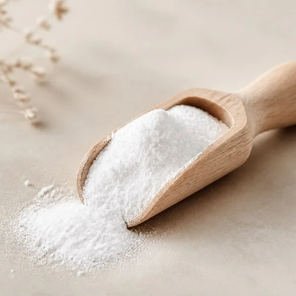 Polvo blanco de glicinato de magnesio en cuchara medidora